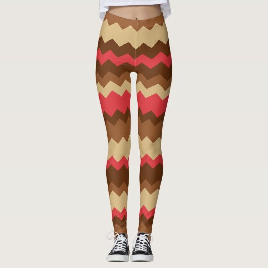 Bruin en rood Autumn Zig Zag Striped Leggings (Voorkant)