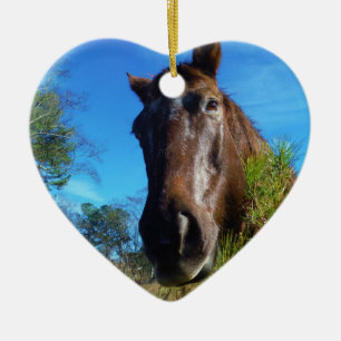 Bruin en roomkleurig paardenblauw keramisch ornament