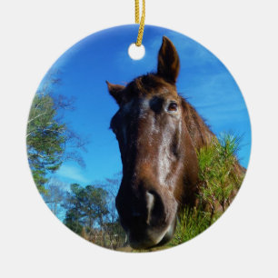 Bruin en roomkleurig paardenblauw keramisch ornament