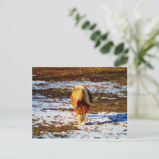 Bruin en roomminiatuur paard in de sneeuw. briefkaart (Staand voorkant)