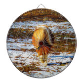 Bruin en roomminiatuur paard in de sneeuw. dartbord (Voorkant)