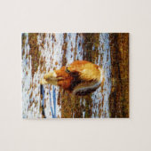 Bruin en roomminiatuur paard in de sneeuw. legpuzzel (Horizontaal)