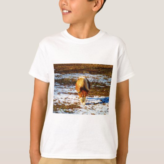 Bruin en roomminiatuur paard in de sneeuw. t-shirt (Voorkant)