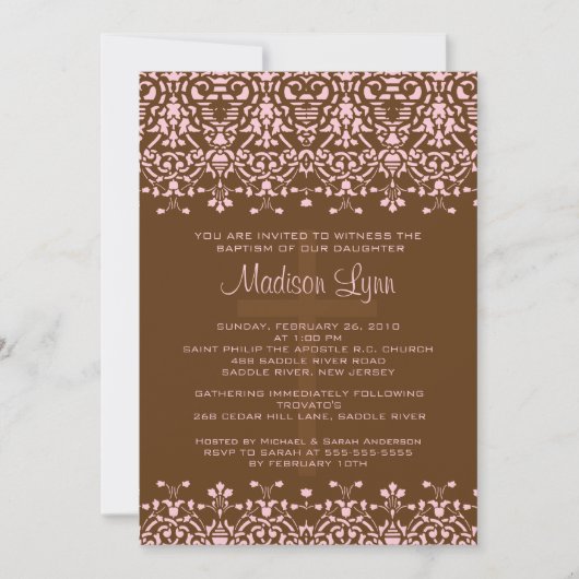 Bruin en Roze Damask Baptism Invitation Kaart (Voorkant)