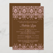 Bruin en Roze Damask Baptism Invitation Kaart (Voorkant / Achterkant)