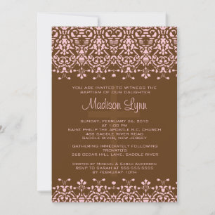 Bruin en Roze Damask Baptism Invitation Kaart
