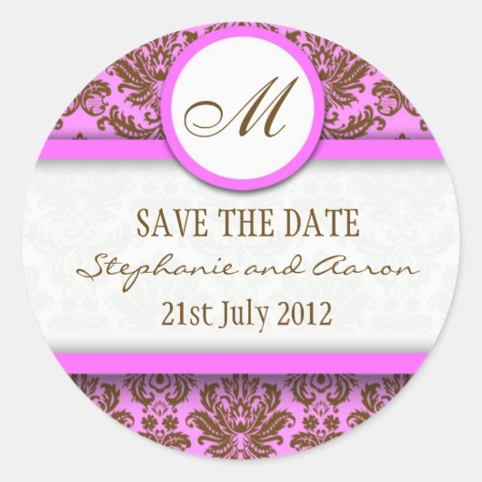 Bruin en Roze Damask Monogram Wedding Sticker (Voorkant)