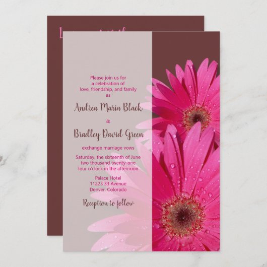 Bruin en Roze Gerbera Daisy Wedding Invitation Kaart (Voorkant / Achterkant)