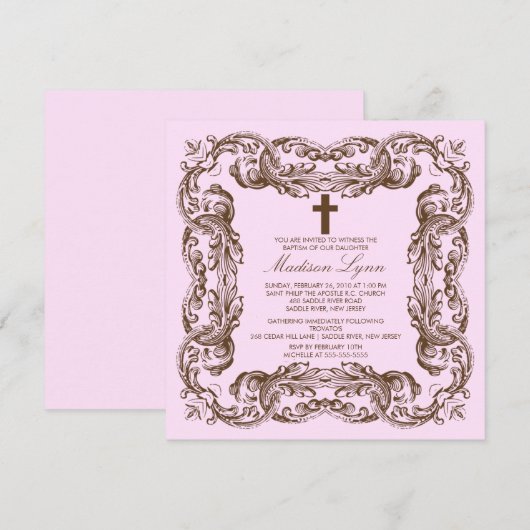 Bruin en Roze  Lijst Baptisme Uitnodiging (Voorkant / Achterkant)