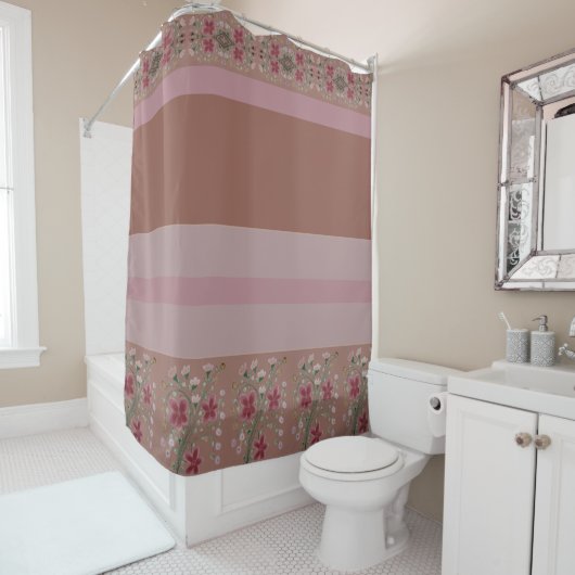 Bruin en roze met bloemenontwerp douchegordijn (In situ)