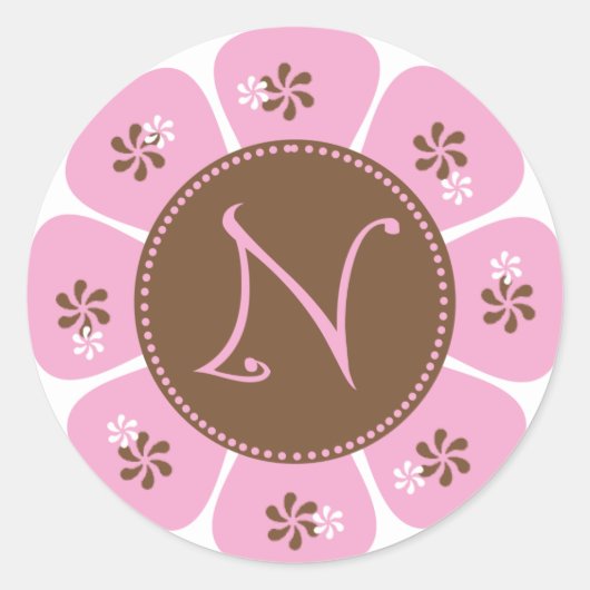 Bruin en Roze Monogram N Ronde Sticker (Voorkant)