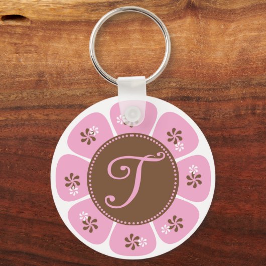 Bruin en Roze Monogram T Sleutelhanger (Voorkant)