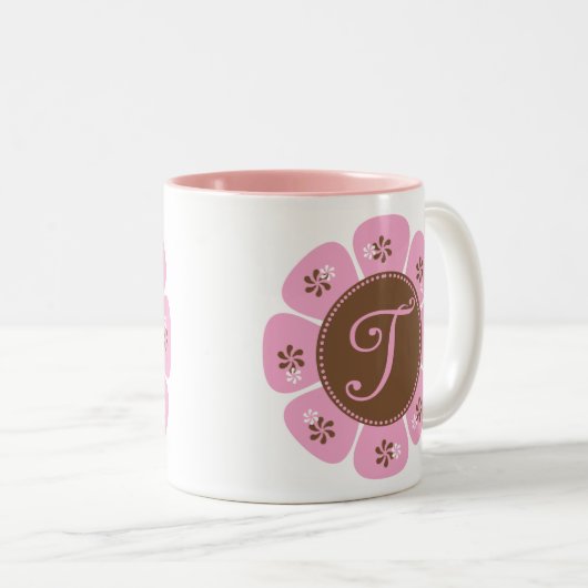 Bruin en Roze Monogram T Tweekleurige Koffiemok (Voorkant rechts)