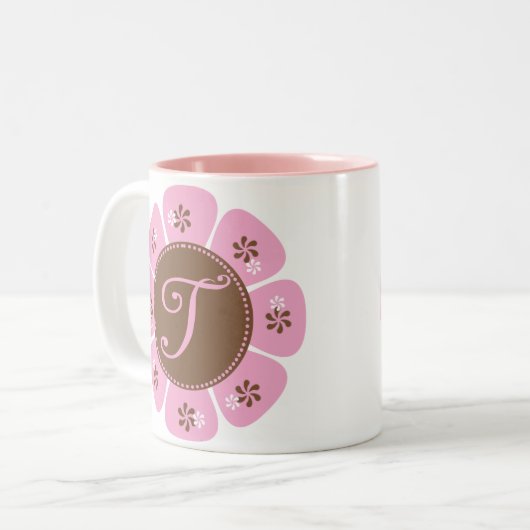 Bruin en Roze Monogram T Tweekleurige Koffiemok (Voorkant links)
