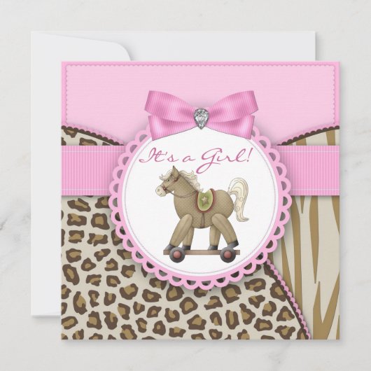 Bruin en Roze Rocking Horse Baby Girl Shower Kaart (Voorkant)