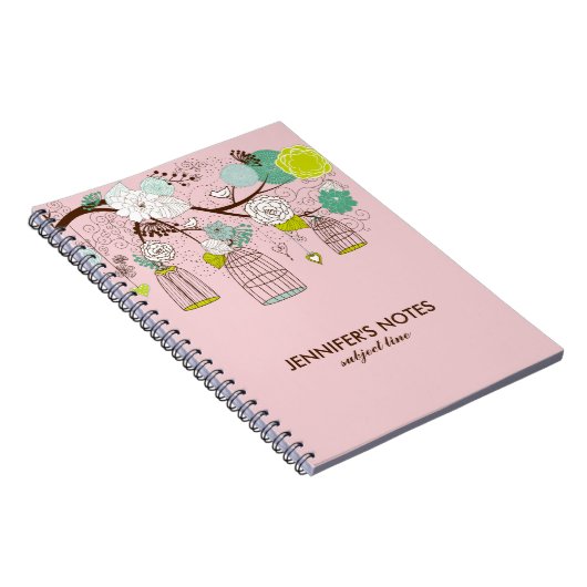 Bruin- en roze vogelkooien en bloemen notitieboek (Rechterzijde)