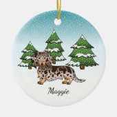 Bruin en Tan Dapple Long Hair Dachshund in Winter Keramisch Ornament (Voorkant)
