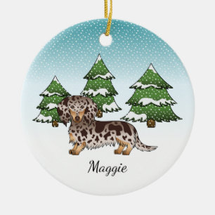 Bruin en Tan Dapple Long Hair Dachshund in Winter Keramisch Ornament