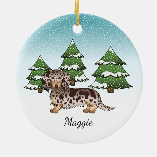Bruin en Tan Dapple Long Hair Dachshund in Winter Keramisch Ornament (Achterkant)