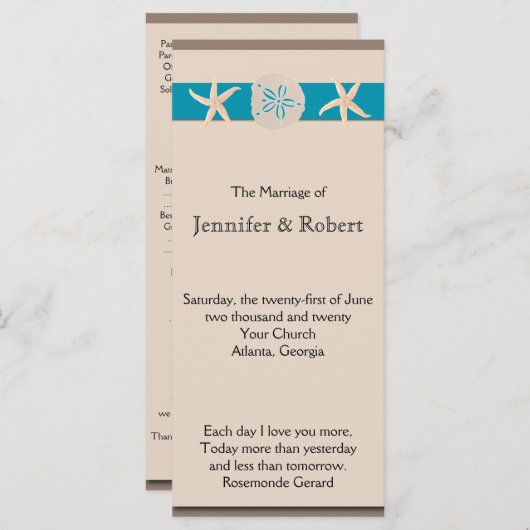 Bruin en Turquoise Band Starfish Wedding Program Programmakaart (Voorkant / Achterkant)