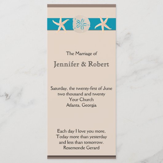 Bruin en Turquoise Band Starfish Wedding Program Programmakaart (Voorkant)