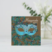 Bruin en turquoise-blauw gemaskerd bal kaart (Staand voorkant)