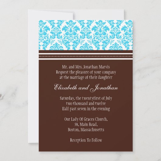 Bruin en Turquoise Damask Wedding Invitation Kaart (Voorkant)