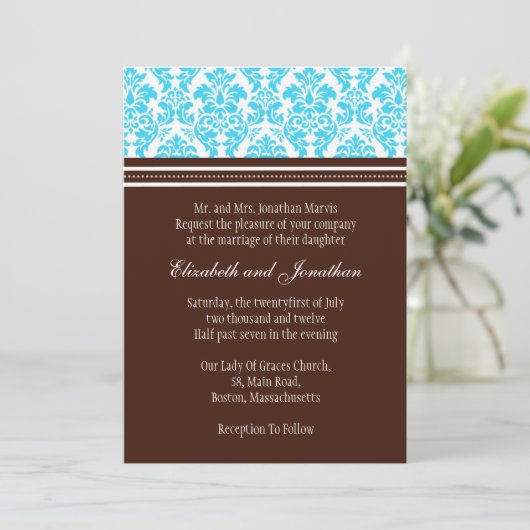 Bruin en Turquoise Damask Wedding Invitation Kaart (Staand voorkant)
