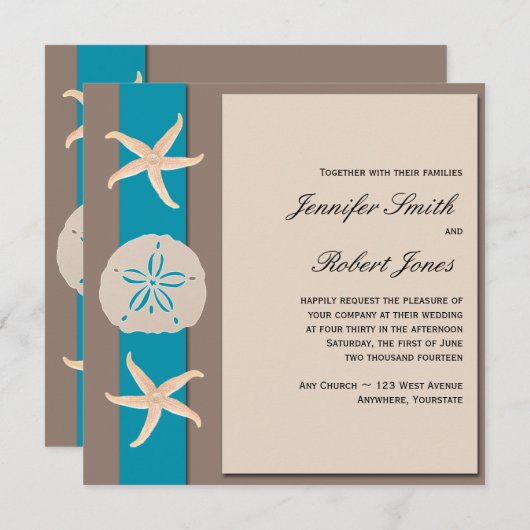 Bruin en Turquoise Starfish Wedding Invitation Kaart (Voorkant / Achterkant)