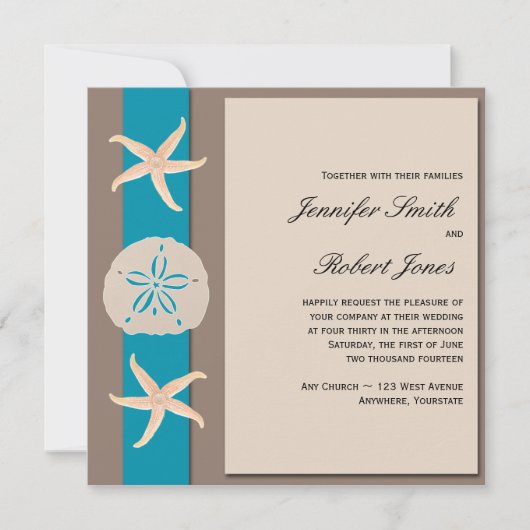 Bruin en Turquoise Starfish Wedding Invitation Kaart (Voorkant)