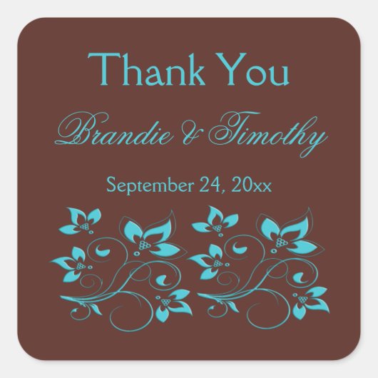 Bruin en Turquoise Vierkant Dank u Sticker (Voorkant)