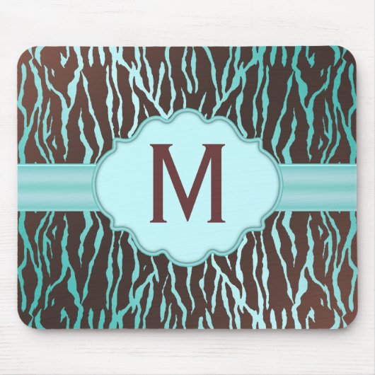 Bruin- en Turquoise Zebra Stripes Monogram Mousepa Muismat (Voorkant)