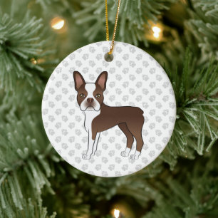 Bruin en White Boston Terrier Cartoon Dog & Paws Keramisch Ornament