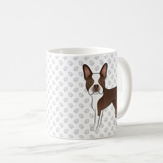 Bruin en White Boston Terrier Cartoon Dog & Paws Koffiemok (Voorkant rechts)