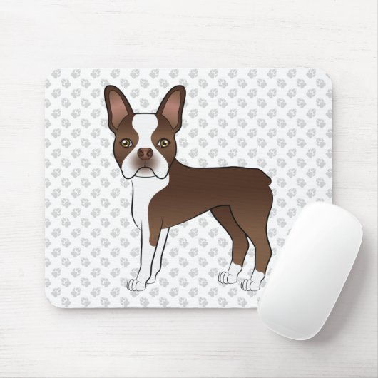Bruin en White Boston Terrier Cartoon Dog & Paws Muismat (Met muis)