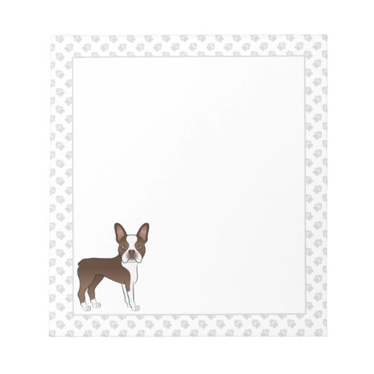 Bruin en White Boston Terrier Cartoon Dog & Paws Notitieblok (Voorkant)