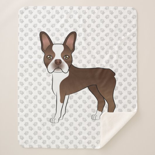 Bruin en White Boston Terrier Cartoon Dog & Paws Sherpa Deken (Voorkant)