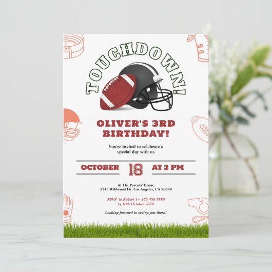 Bruin en wit Amerikaans Football Verjaardag Uitnod Save The Date (Staand voorkant)