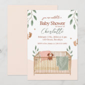 Bruin en Wit Bloemen Baby shower Invitation Kaart (Voorkant / Achterkant)