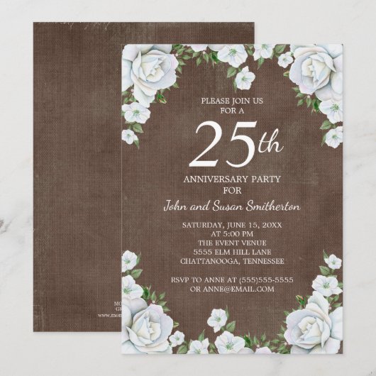 Bruin en wit bloemmotief 25-jarig huwelijksjubileu kaart (Voorkant / Achterkant)