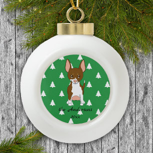 Bruin en Wit Chihuahua Witte Kerstbomen Keramische Bal Ornament