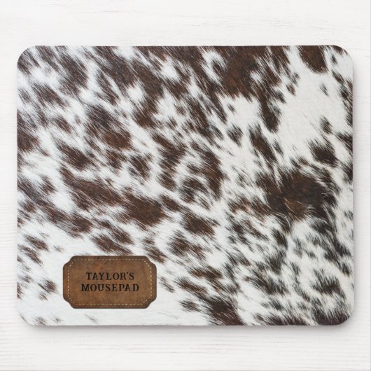 Bruin en wit Faux Koe bont en leer Muismat (Voorkant)