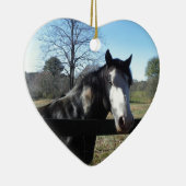 Bruin en wit, gekleurd paard, heldere blauwe hemel keramisch ornament (Rechts)