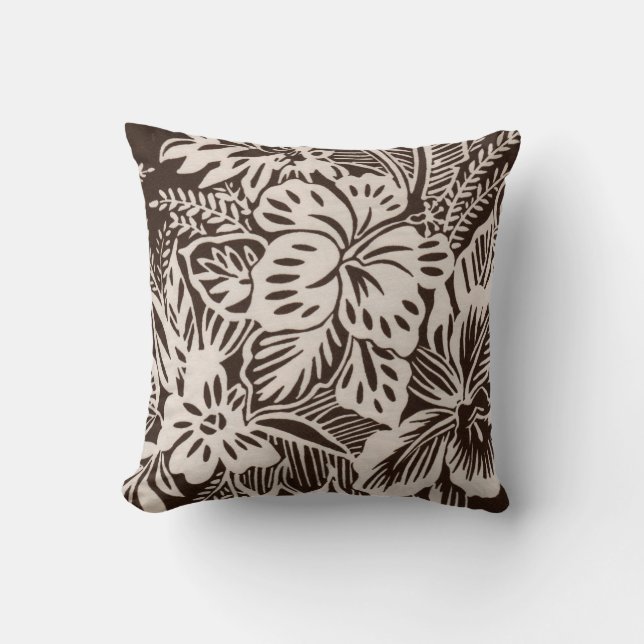 Bruin en wit Hibiscus Kussen (Voorkant)