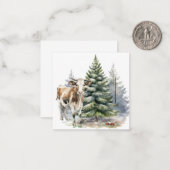 Bruin en wit kalf voor een dennenboom notitiekaartje (Voorkant / Achterkant in situ)
