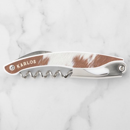 Bruin en wit koeienhuid realistische textuur kurkentrekker (Achterkant)