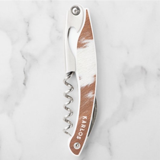 Bruin en wit koeienhuid realistische textuur kurkentrekker (Voorkant)