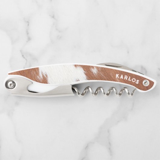 Bruin en wit koeienhuid realistische textuur kurkentrekker (Voorkant)