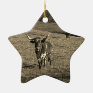 Bruin en wit Longhorn Bull Sepia Tone Keramisch Ornament