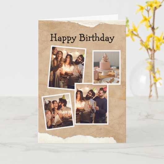 Bruin en Wit Minimalistische Verjaardag Fotocollag Kaart (Gele Bloem)
